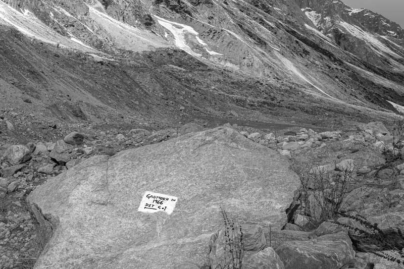 Stone inscription indicating the position of Gaumukh in 1966 at 18.5 km upstream of Gangotri town in Uttarkashi district, Uttarakhand